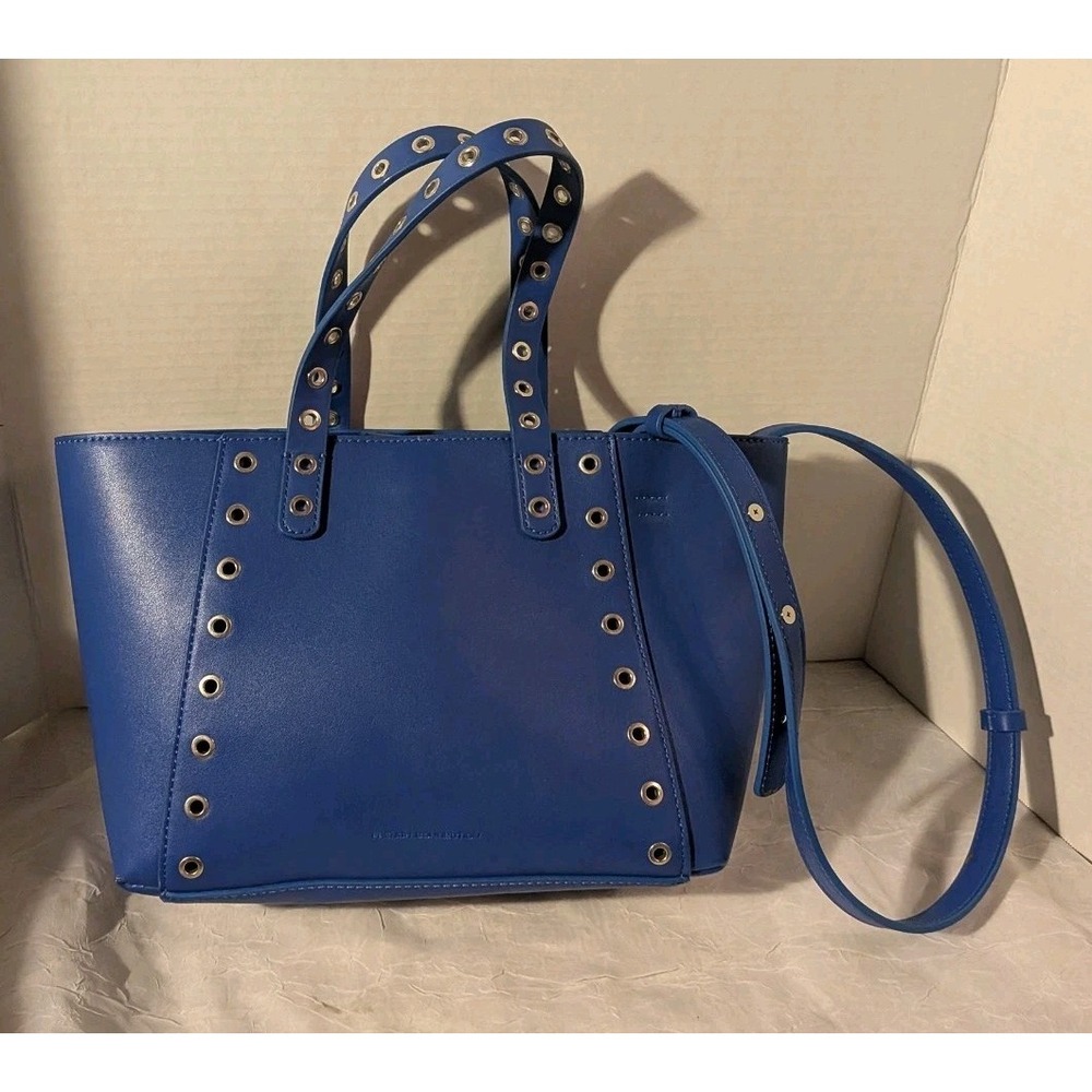 French Connection Purse Blue Faux Leather Bag Tote Grommets Double Handle - Picture 13 of 16